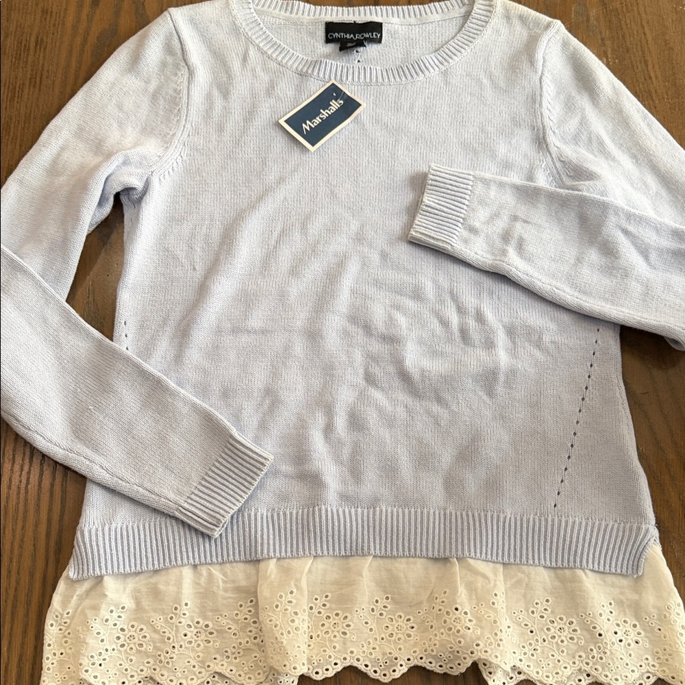 NWT Cynthia Rowley Light Blue Sweater with Cream Lace Hem //